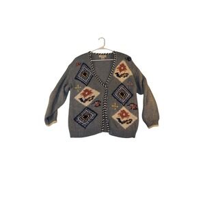 VTG American Weekend Cardigan Sweater Womens Large Brown Geometric Button Front